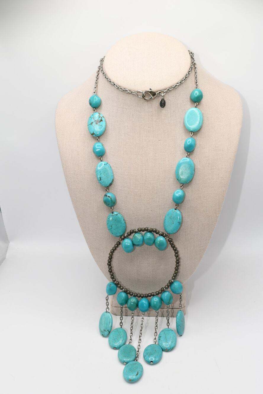 Chico's Turquoise Statement Necklace Long Silver Tone Pendant 32"